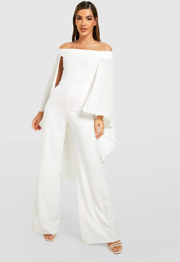 boohoo Wide Leg Jumpsuit Met Open Schouders En Cape, Cream