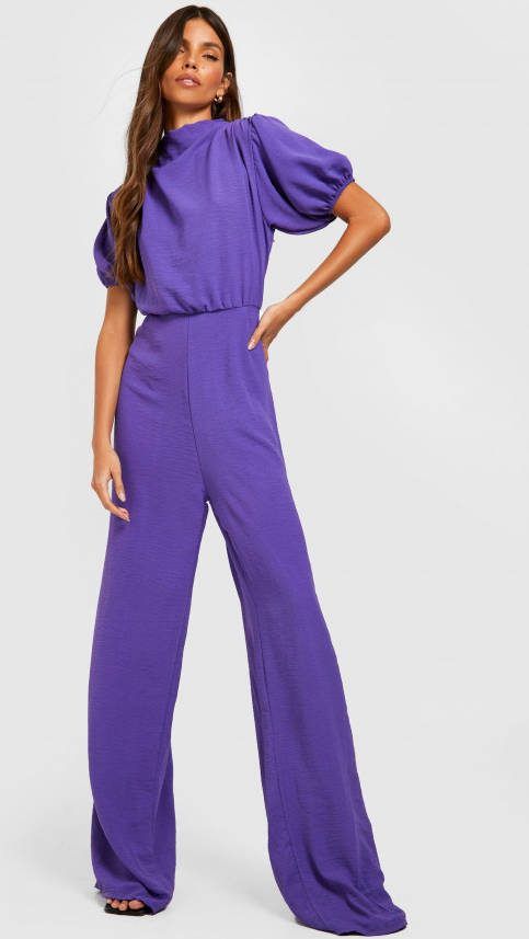 boohoo Wide Leg Jumpsuit Met Pofmouwen, Purple