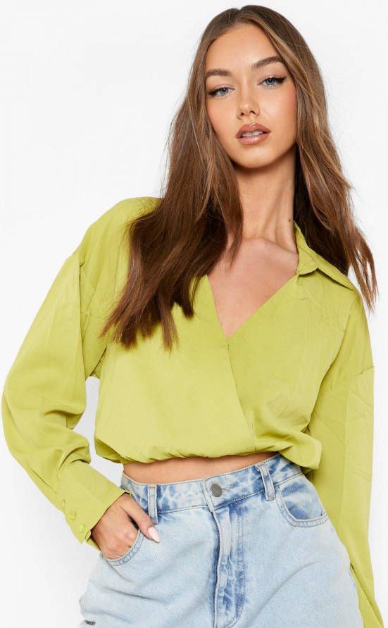 boohoo Wikkel Blouse Met Geplooide Taille, Lime