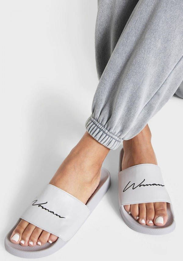boohoo Woman Slippers Met Tekst, Light Grey