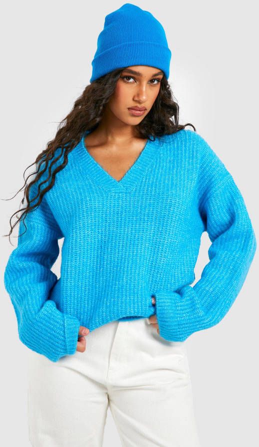 boohoo Zachte Gebreide Vissers Trui Met V Hals, Turquoise