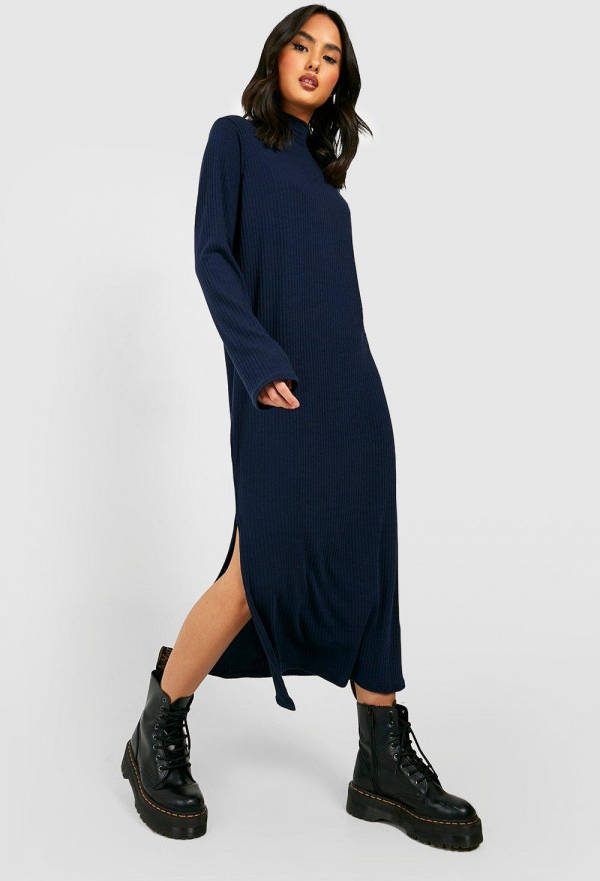 boohoo Zachte Geribbelde Midaxi Trui Jurk Met Hoge Hals, Navy