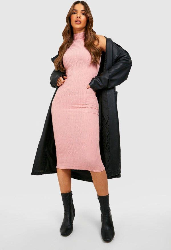 boohoo Zachte Geribbelde Mouwloze Midi Jurk Met Hoge Hals, Rose