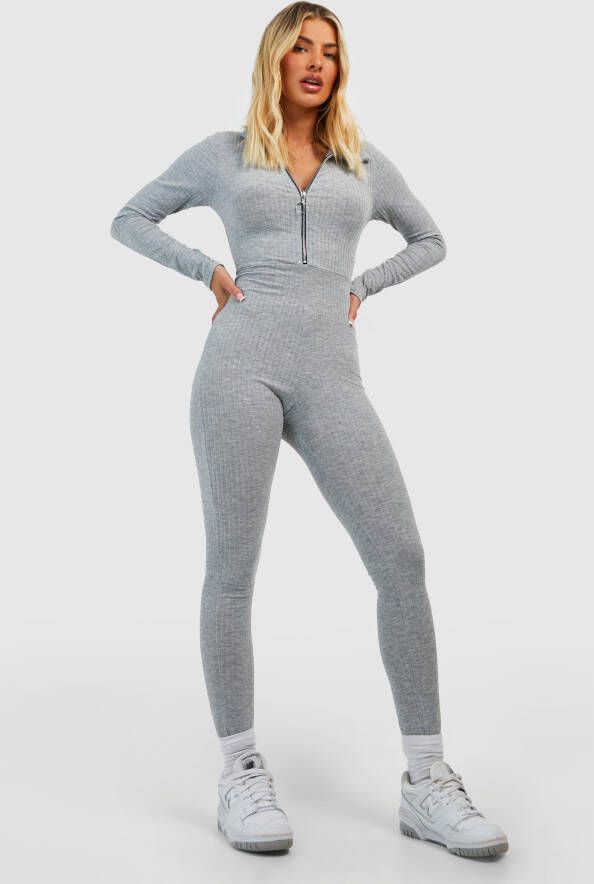 boohoo Zachte Geribbelde Unitard Jumpsuit Met Rits Kraag En Lange Mouwen, Grey Marl
