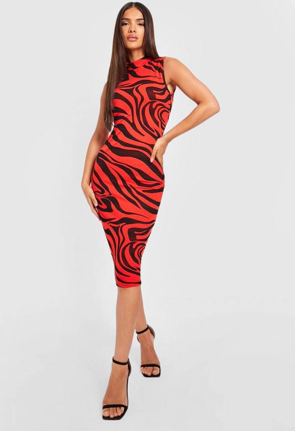 boohoo Zebraprint Midi Jurk Met Hoge Hals, Orange