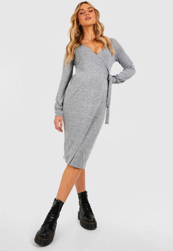 boohoo Zwangerschap Gebreide Melange Midi Wikkel Jurk Met Ceintuur, Grey