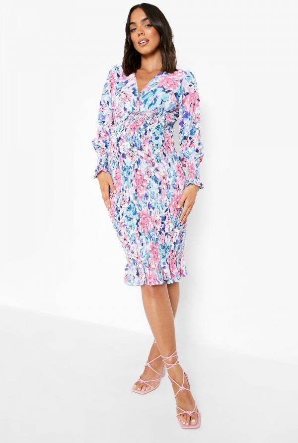 boohoo Zwangerschap Geplooide Bloemen Midi Jurk, Purple