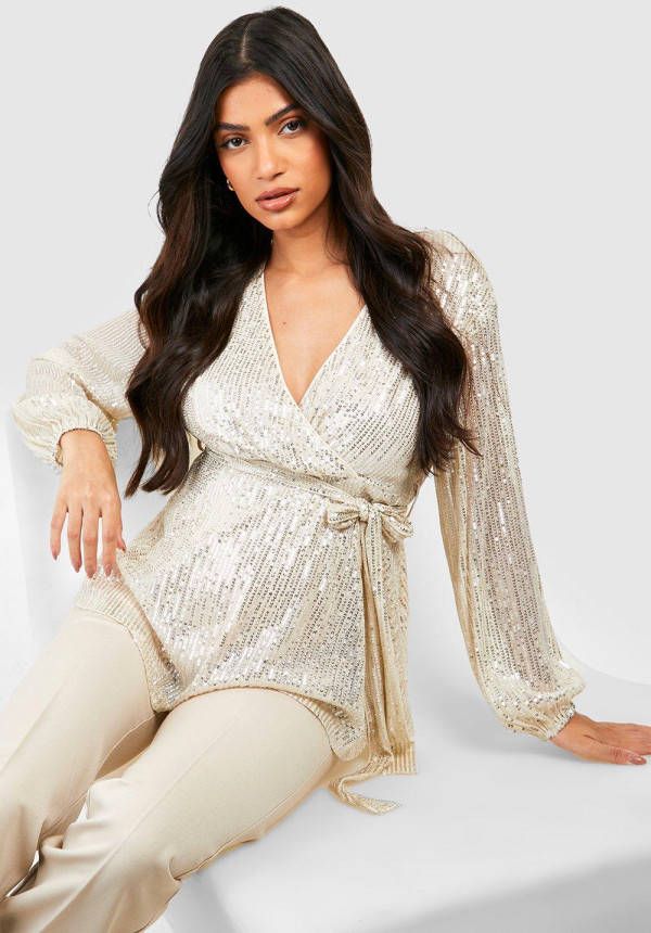 boohoo Zwangerschap Gesmokte Glitter Wikkeltop Met Pailletten, Silver