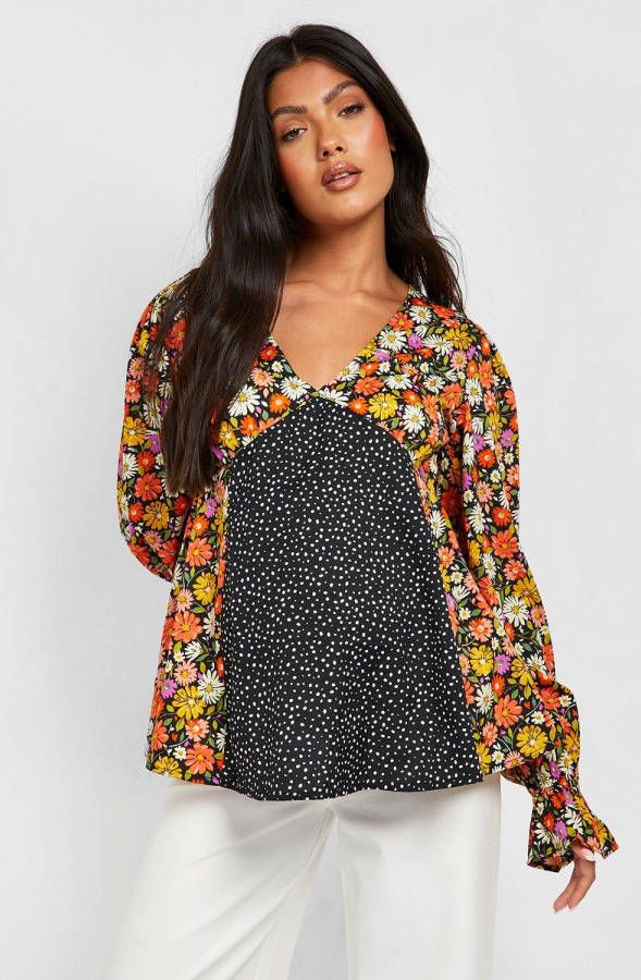 boohoo Zwangerschap Gesmokte Top Met Print En Pofmouwen, Multi