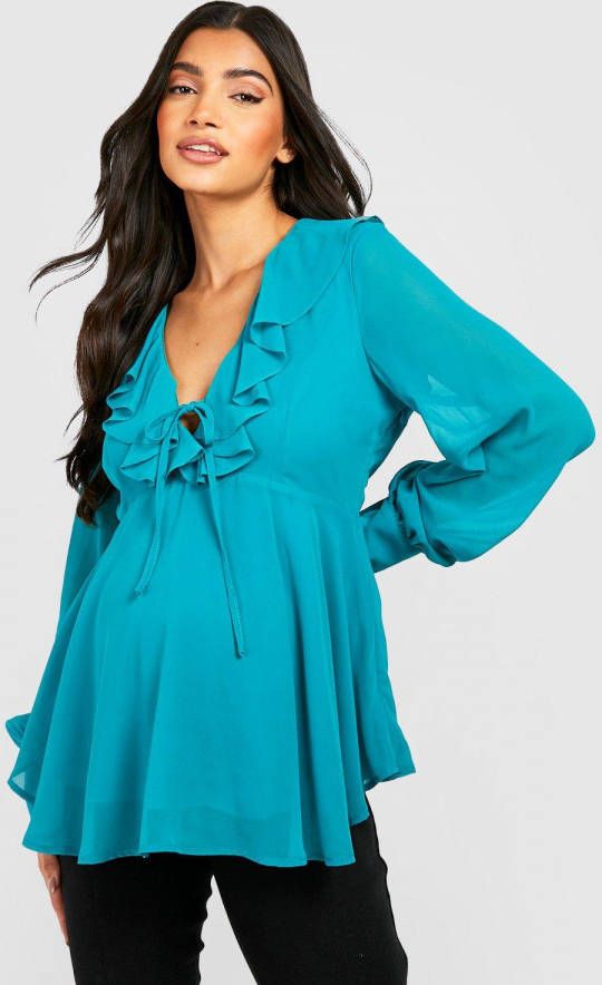 boohoo Zwangerschap Gesmokte Top Met Ruches En Strik, Teal