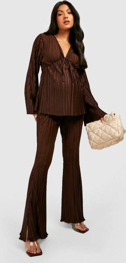 boohoo Zwangerschap Plisse Flared Broek Met Split, Chocolate