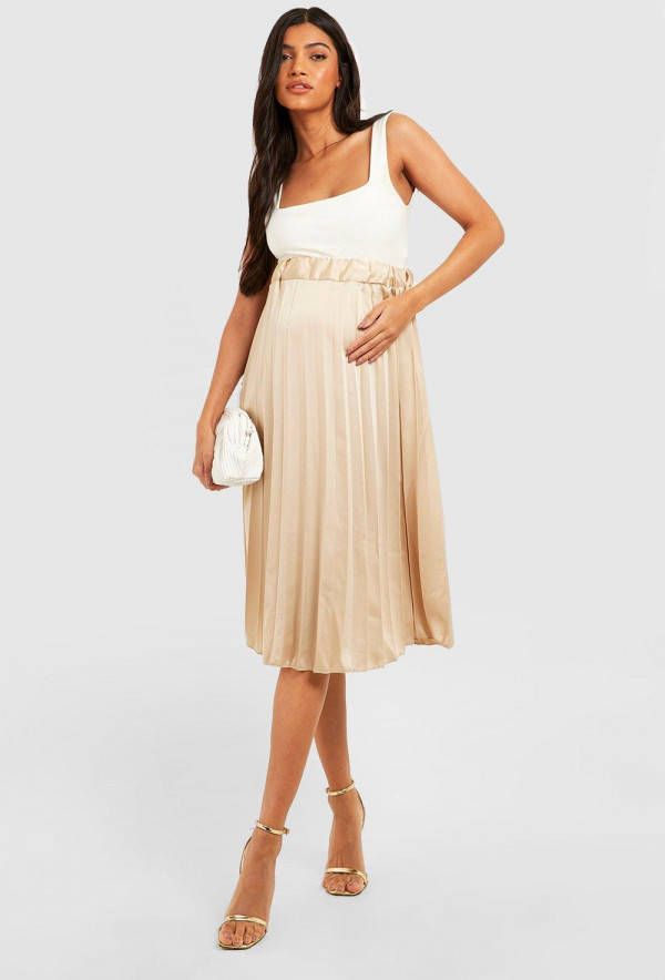 boohoo Zwangerschap Satijnen Geplooide Midi Rok, Champagne