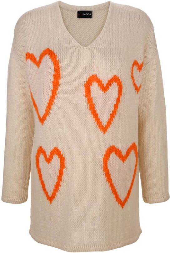 MIAMODA Trui met gebreid hartjespatroon Lichtbeige/Oranje