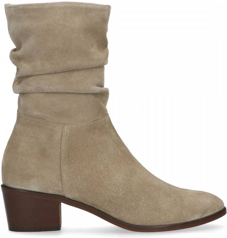 Manfield Beige suède enkellaarsjes met geplooid detail