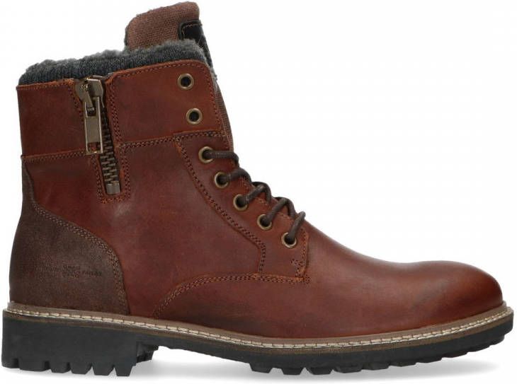 Manfield Bruine leren veterboots met bont
