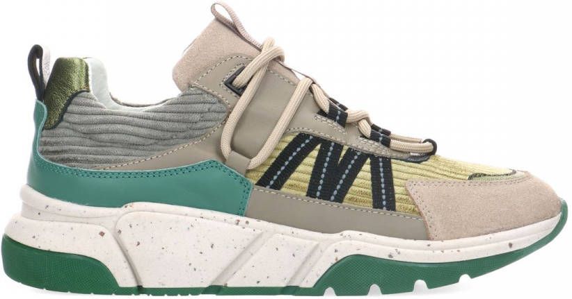 Manfield Groene leren sneakers met corduroy