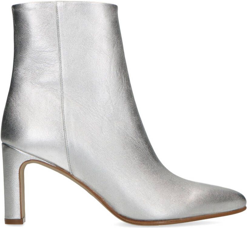 Manfield Zilverkleurige leren enkellaarsjes met hak