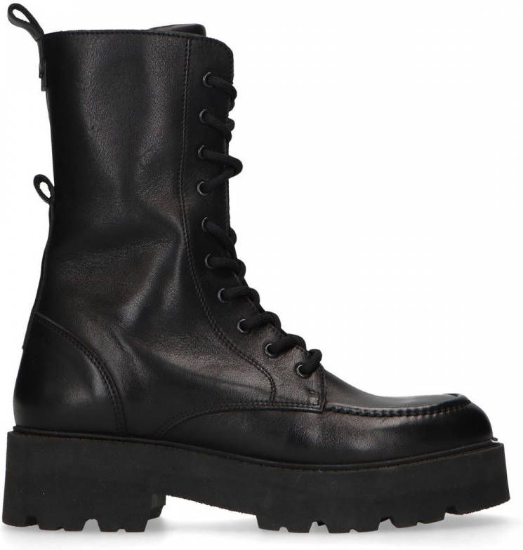 Manfield Zwart leren veterlaarzen met chunky zool