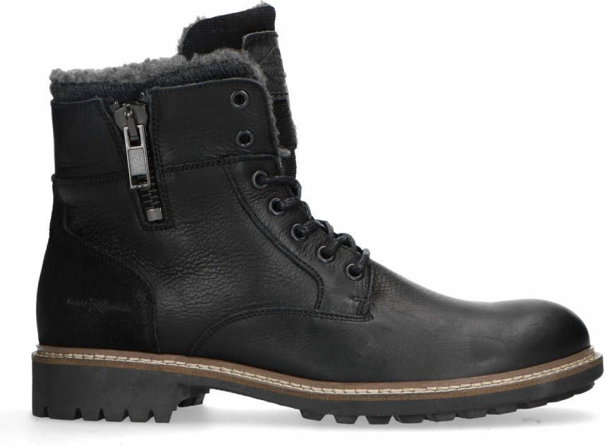 Manfield Zwarte leren veterboots met bont