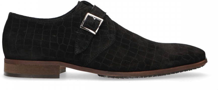 Manfield Zwarte suède gespschoenen met crocoprint