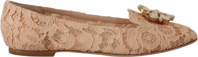 Dolce Gabbana Beige Lace Crystal Ballet Flats Loafers Shoes , Beige, Dames