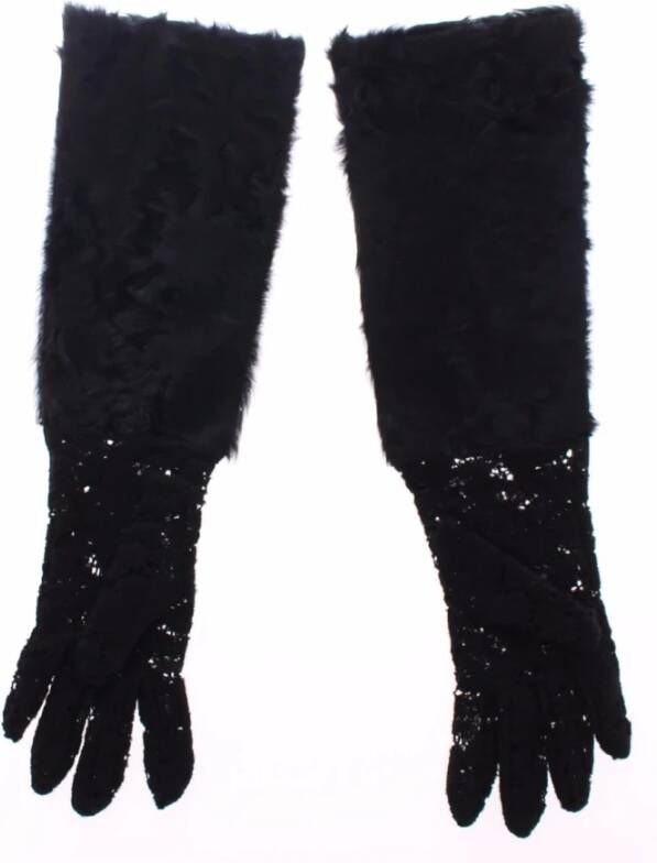 Dolce & Gabbana Kantwol lamskijnbont ellebooghandschoenen , Zwart, Dames