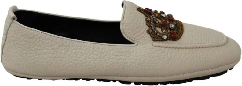 Dolce & Gabbana Leather Crystal Crown Loafers , Beige, Heren