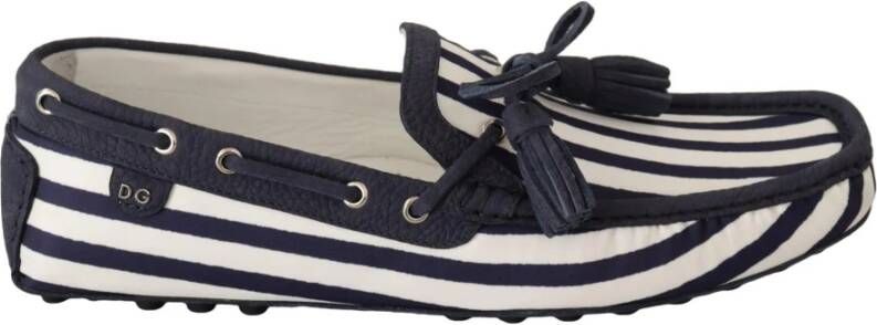 Dolce & Gabbana Blue White Striped Denim Leather Loafer Shoes , Blauw, Heren