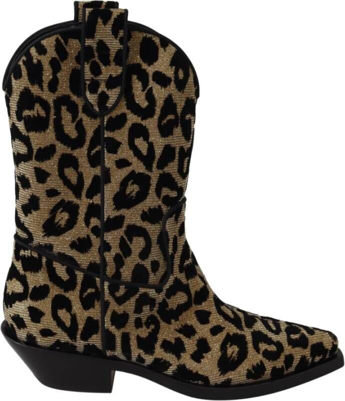 Dolce & Gabbana Gold Black Leopard Cowboy Boots Shoes , Zwart, Unisex