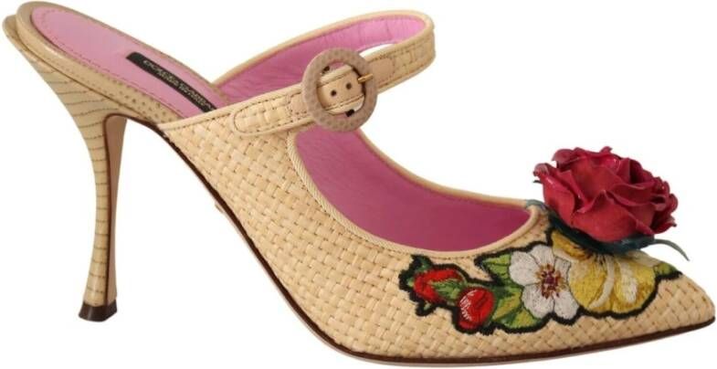 Dolce & Gabbana Beige Floral Slides Heels Mules Rafia Shoes , Beige, Dames