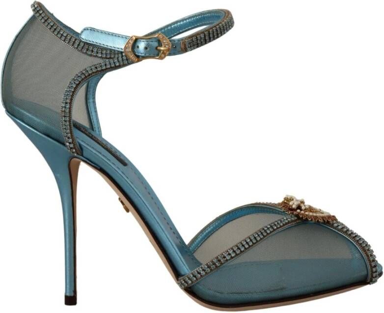 Dolce & Gabbana Blue Mesh Gold Devotion Heart Heels Shoes , Blauw, Dames