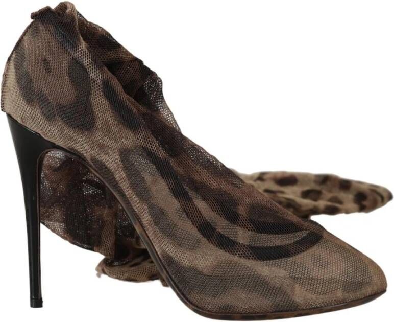 Dolce & Gabbana Brown Leopard Tulle Long Socks Pumps , Bruin, Dames