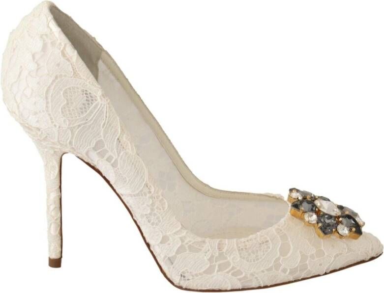 Dolce & Gabbana White Taormina Lace Crystal Heels Pumps Shoes , Wit, Dames
