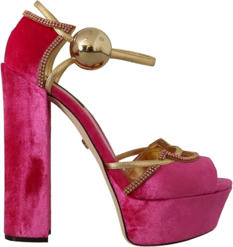 Dolce Gabbana Pink Velvet Crystal Ankle Strap Sandals Shoes , Roze, Dames