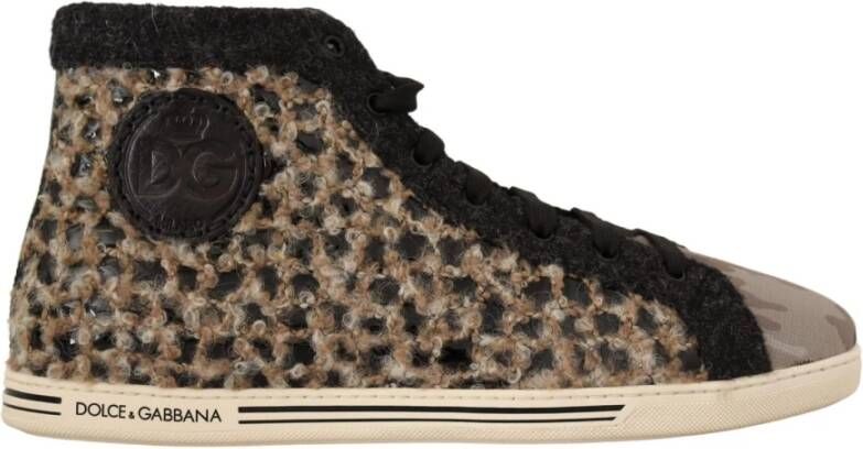 Dolce & Gabbana Beige Black Wool Cotton High Top Sneakers , Beige, Heren