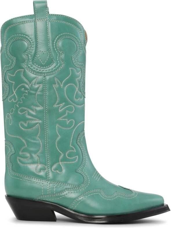 Ganni Mid Shaft Embroidered Western Boots , Groen, Dames