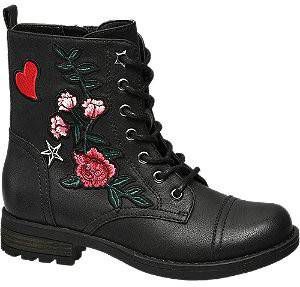 VanHaren Cupcake Couture veterboots met bloemen zwart - Vindjeschoen.nl