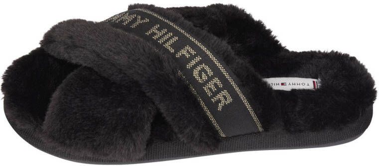 Tommy Hilfiger Pantoffels TH SHINY WEBBING FURRY SLIPPER met textielband voorzien van logoprint